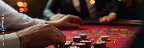 Poker players engage deeply at a table, stacks of chips ready for play. Focus is on their hands, highlighting strategy and tension in a dim, thrilling atmosphere.