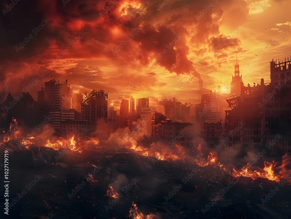Apocalyptic Cityscape Engulfed in Flames Destruction and the End of Civilization Apocalyptic Cityscape Engulfed in Flames Destruction and the End of Civilization
