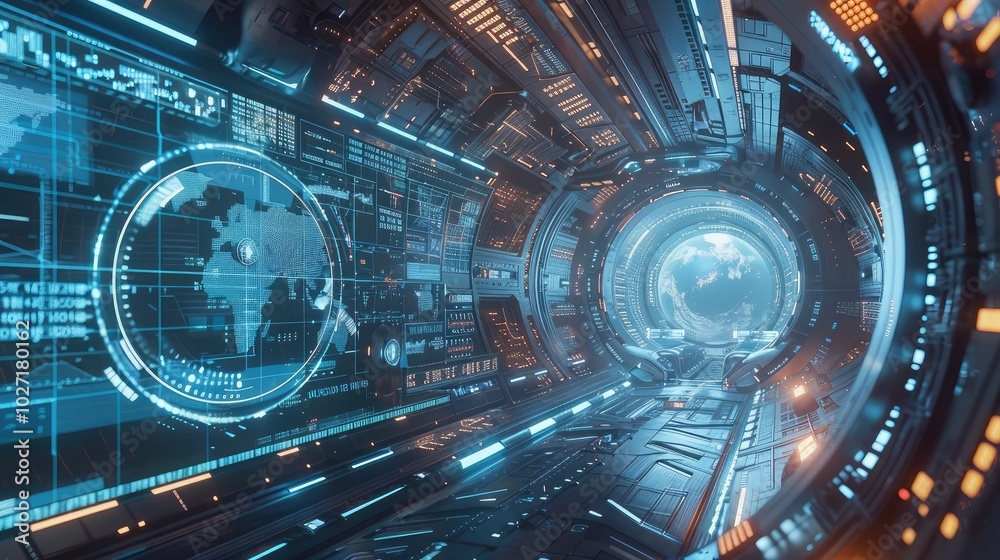 Futuristic Space Station with Digital Interface Futuristic Space Station with Digital Interface