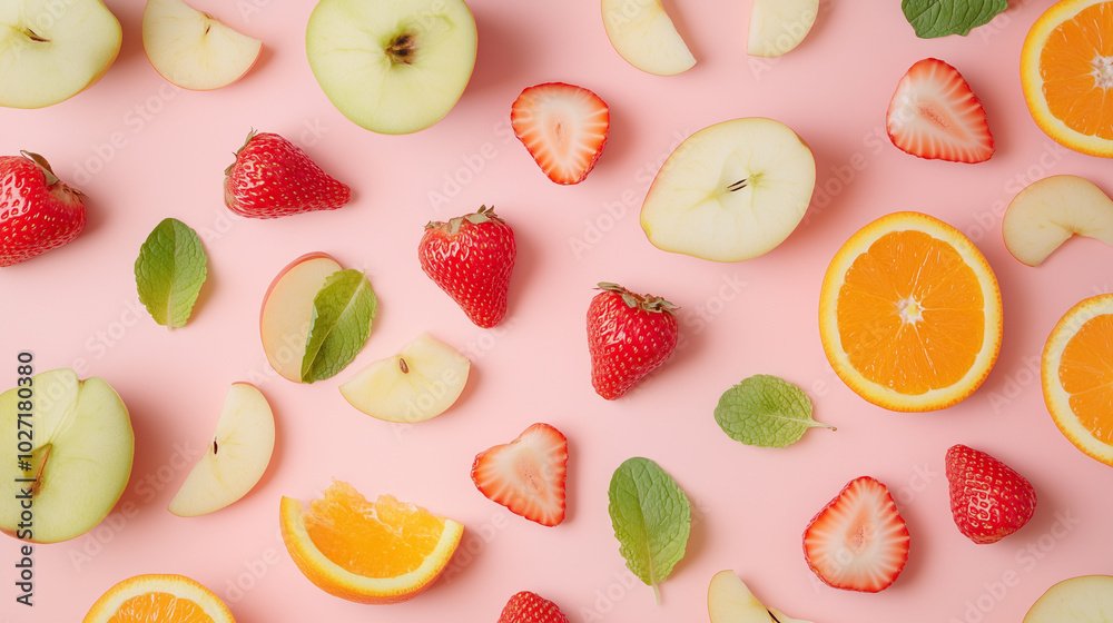 Fresh fruits and mint leaves on a pink background Fresh fruits and mint leaves on a pink background
