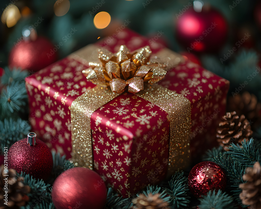 Wrapped Christmas Gift in Shiny Red Paper Wrapped Christmas Gift in Shiny Red Paper