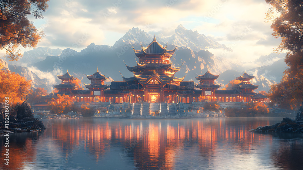A Chinese-Style Architecture Crafted from Vibrant Orange Paper, Showcasing Intricate Design and Cultural Heritage, Illustrating the Art of Paper Cutting and Traditional Aesthetics, Set Against a Minim