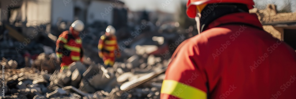Obraz premium Firefighters in protective gear and helmets sift through rubble and debris at a disaster scene, embodying bravery and resilience in challenging situations.