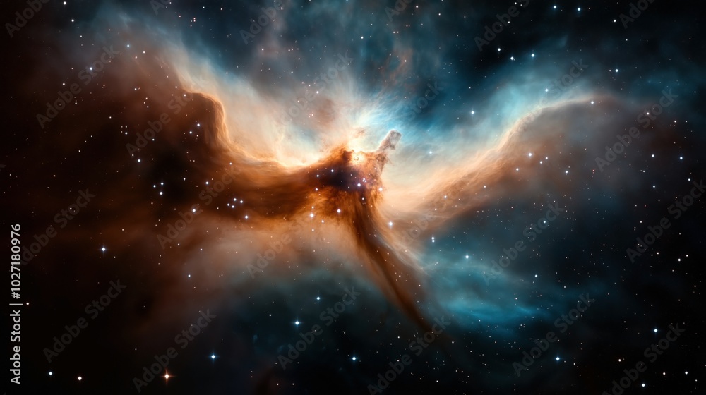 Fototapeta premium Vivid astronomical image of an interstellar nebula with bright stars and colorful cosmic gas clouds in deep space.