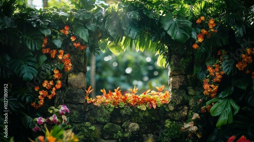Lush Tropical Foliage and Flowers Framing a Stone Wall and Blurred Background