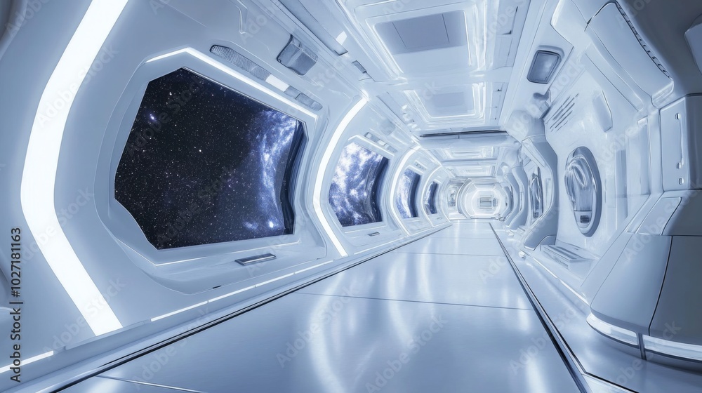 A futuristic white hallway with windows looking out onto the vastness of space. A futuristic white hallway with windows looking out onto the vastness of space.