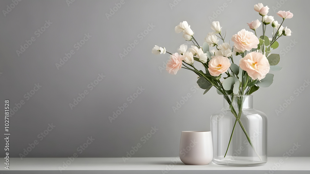 Pink and White Flowers in Glass Vase on Grey Background Pink and White Flowers in Glass Vase on Grey Background