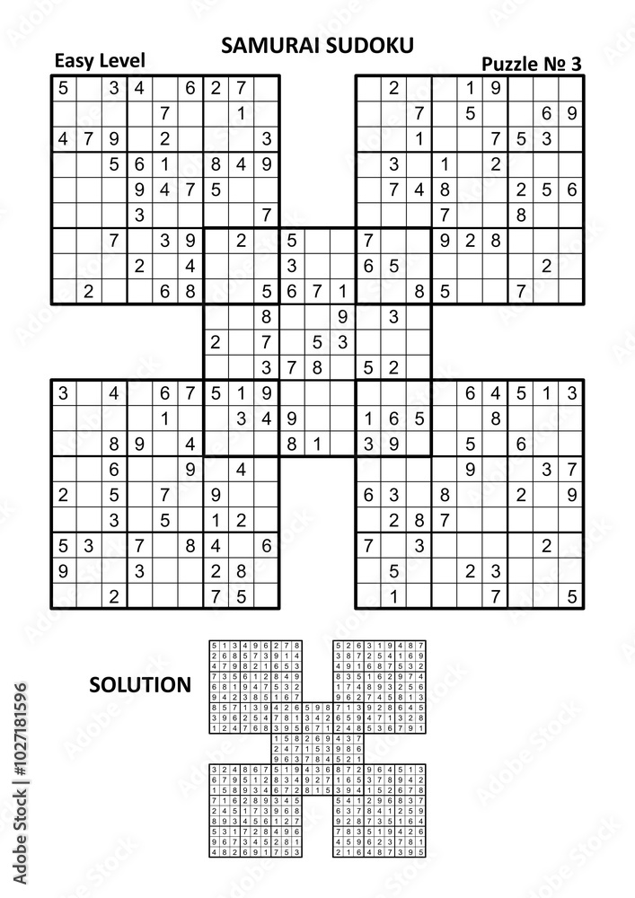 Samurai sudoku puzzle game № 3. Easy level. Answer, or solution, included.
Samurai sudoku puzzle game № 3. Easy level. Answer, or solution, included.