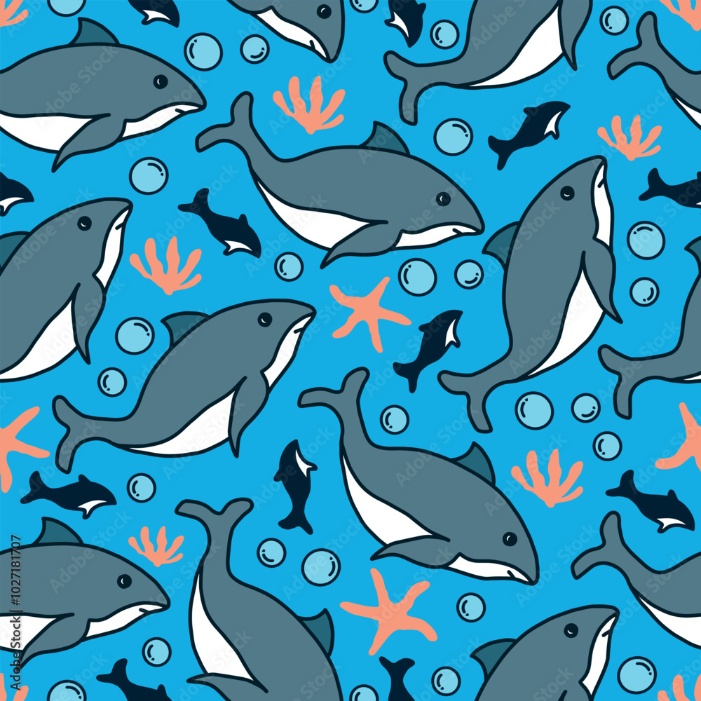 Obraz premium Cartoon style blue sharks seamless pattern for Textile Wallpaper prints, T-shirts, wrappers, fabric, textiles.