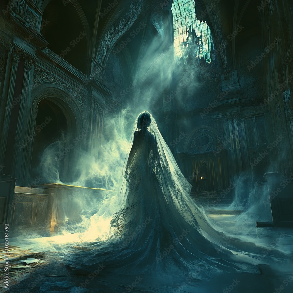 A woman in a white dress stands in a misty, dimly lit room. A woman in a white dress stands in a misty, dimly lit room.