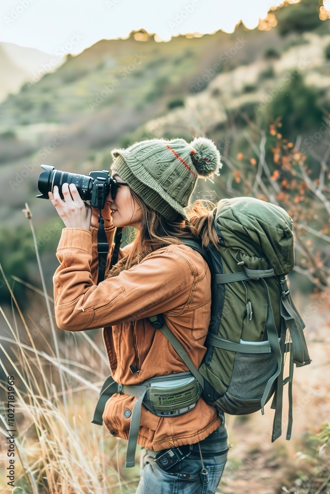 Obraz premium A Hiking woman checking photographs on her camera