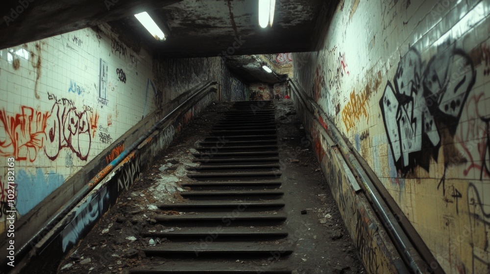 A graffiti-covered underpass staircase leads to an unknown destination.