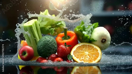 Fresh abundance: energetic display of fruits, vegetables in motion, highlighted by water splashes, symbolizing importance of incorporating fresh produce into daily diets for optimal health, wellness.