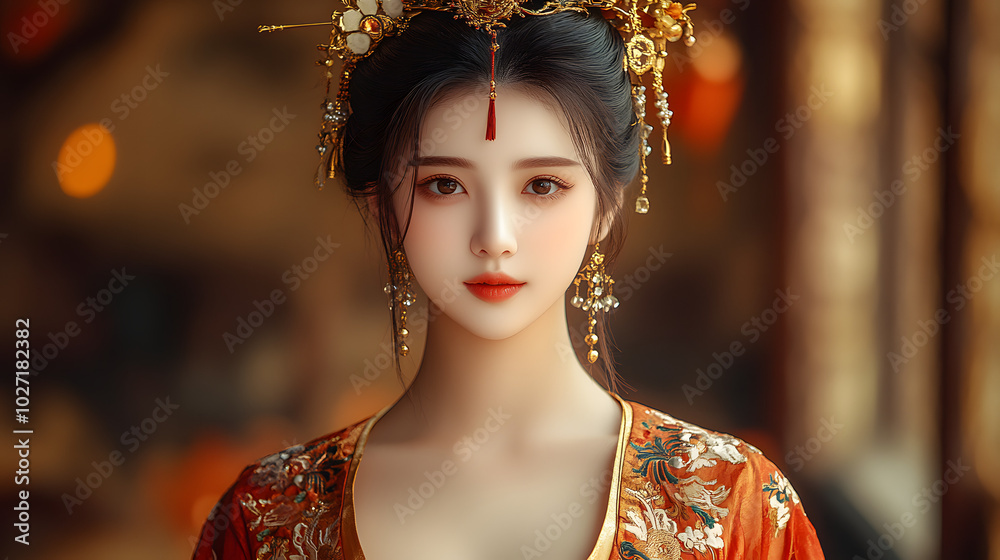 A Stunning Chinese-Style Tang Dynasty Dress Featuring a Vibrant Red and Gold Color Scheme, Reflecting Traditional Elegance and Cultural Heritage, Capturing the Essence of Ancient Chinese Fashion with A Stunning Chinese-Style Tang Dynasty Dress Featuring a Vibrant Red and Gold Color Scheme, Reflecting Traditional Elegance and Cultural Heritage, Capturing the Essence of Ancient Chinese Fashion with