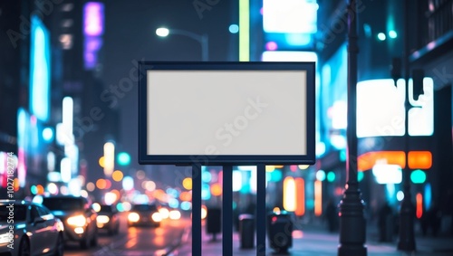 Blank Billboard Sign Mockup on City Street at Night.