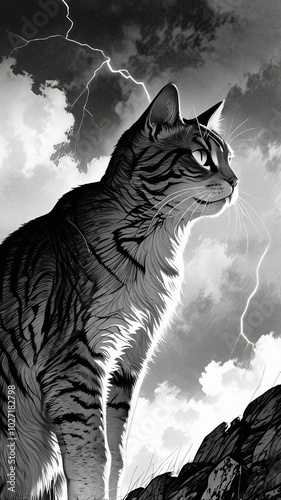 a heroic cat standing proudly on a hilltop, with wind blowing through its fur. The drawing captures the texture of the fur and the cat's sharp, focused eyes