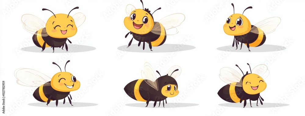 Set of six cute cartoon bees with various expressions. Set of six cute cartoon bees with various expressions.