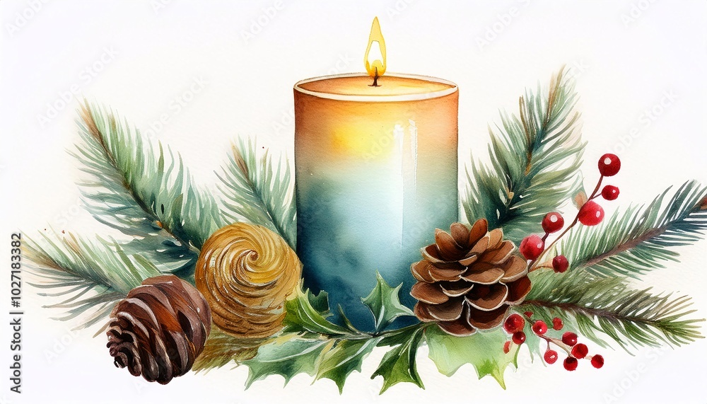 A Christmas festive composition featuring a candle, Christmas tree branches, cones, and Christmas tree toys, illustrated in watercolor technique A Christmas festive composition featuring a candle, Christmas tree branches, cones, and Christmas tree toys, illustrated in watercolor technique