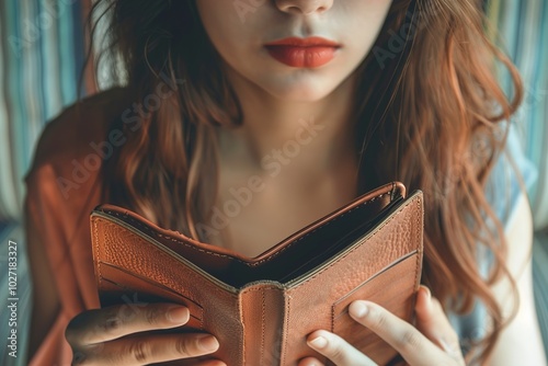 A Poor woman open her empty wallet without money.