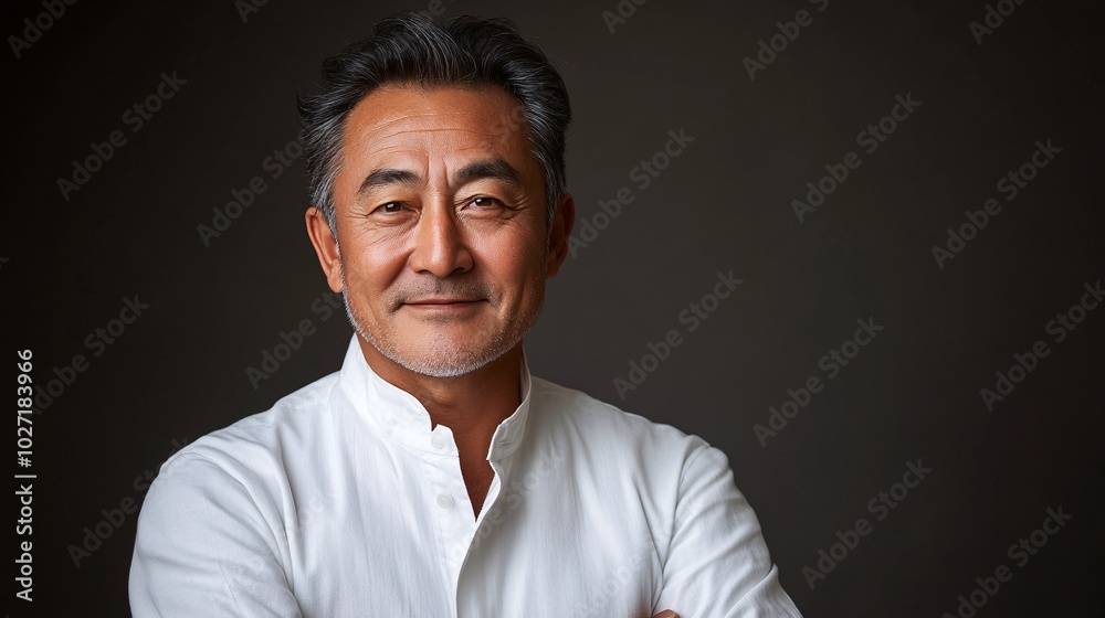 Asian elderly man looking directly at the camera with a kind smile, applying eye cream, isolated on a soft gray background Stock Photo with side copy space Asian elderly man looking directly at the camera with a kind smile, applying eye cream, isolated on a soft gray background Stock Photo with side copy space