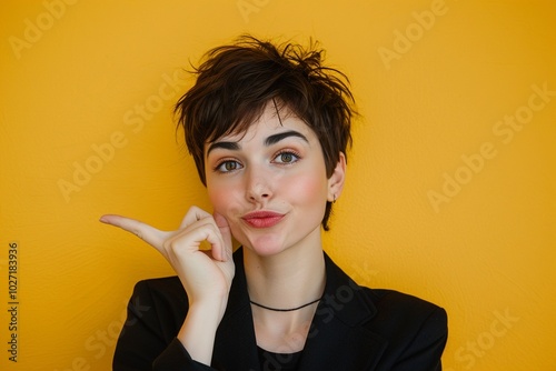 A Medium shot of a short-hair woman pointing at her suke photo