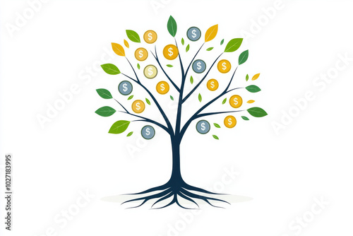 tree with coins as leaves symbolizes growth and prosperity, representing financial success and abundance. This illustration captures essence of wealth and investment photo