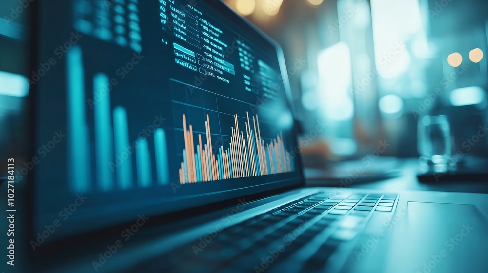 Close-up of financial graphs on a laptop screen alongside printed reports, displaying performance analysis and growth trends Stock Photo with side copy space Close-up of financial graphs on a laptop screen alongside printed reports, displaying performance analysis and growth trends Stock Photo with side copy space