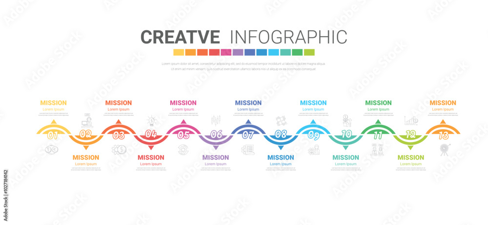 Obraz premium Timeline infographics design vector can be used for workflow layout, diagram, annual report, web design. Business concept with 13 options, steps or processes.