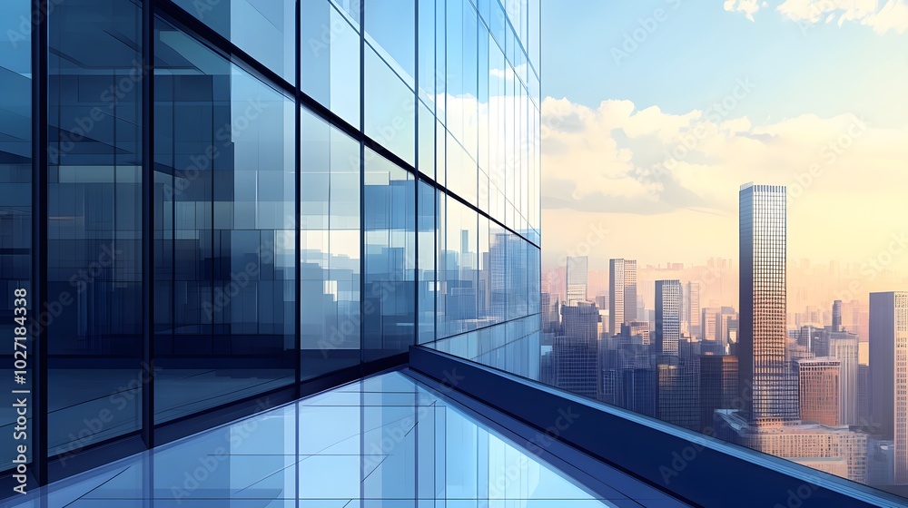 Modern Glass Building Exterior with Cityscape View Modern Glass Building Exterior with Cityscape View