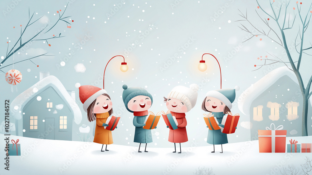 A group of kids singing Christmas carols in a snowy village square, with colorful gifts and glowing Christmas trees, in a cute and friendly style, whimsical illustration cartoon style A group of kids singing Christmas carols in a snowy village square, with colorful gifts and glowing Christmas trees, in a cute and friendly style, whimsical illustration cartoon style