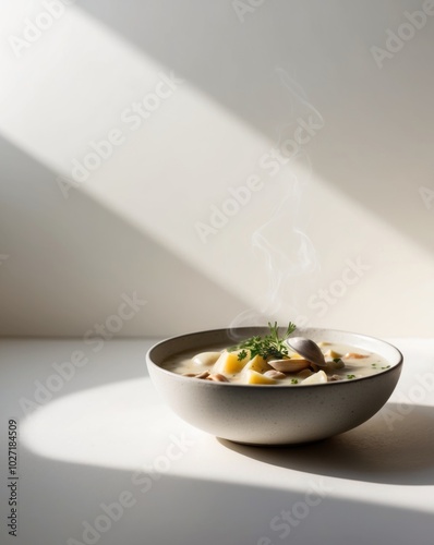 Artistic presentation of clam chowder showcasing culinary elegance and flavorful ingredients.