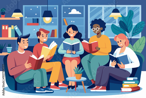 Cozy gathering of diverse friends enjoying a book club meeting in a relaxed living room setting