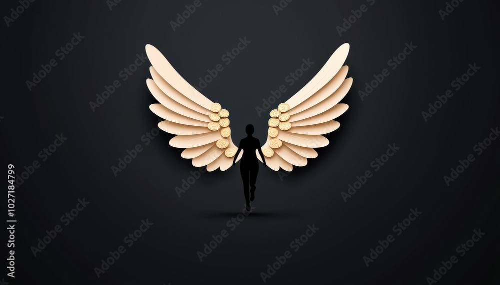 Obraz premium silhouette of person running towards golden wings made of coins, symbolizing freedom and aspiration. contrast against dark background enhances ethereal quality of image