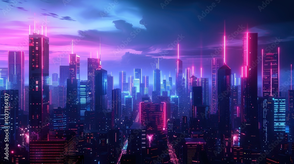 Fototapeta premium Futuristic Neon Cityscape at Dusk