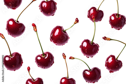 Close-up of Fresh Red Cherries with Water Drops