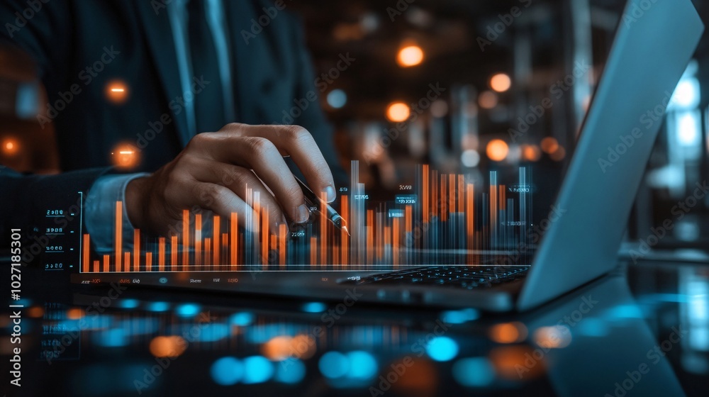 Professional reviewing financial charts on both a laptop screen and printed documents, highlighting key metrics for a presentation Stock Photo with side copy space Professional reviewing financial charts on both a laptop screen and printed documents, highlighting key metrics for a presentation Stock Photo with side copy space
