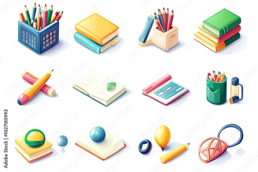 Set of school icons, paintbrush and pencil with color palette, magnifying glass for several books in the backpack, alarm clock on white background Set of school icons, paintbrush and pencil with color palette, magnifying glass for several books in the backpack, alarm clock on white background