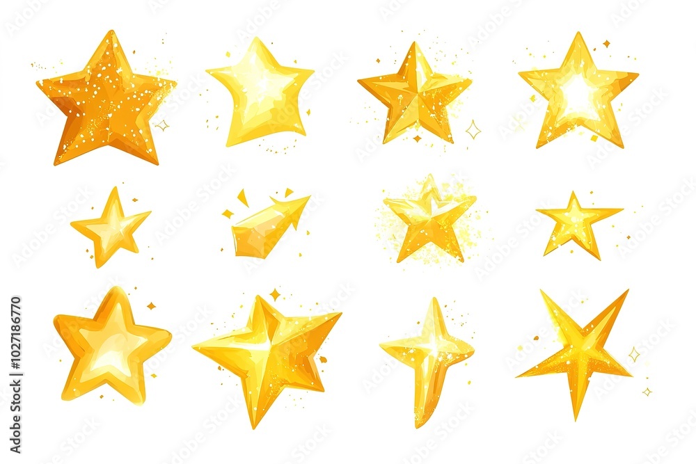 Obraz premium icon set of yellow sparkles, simple shapes, white background, cute style, cute design