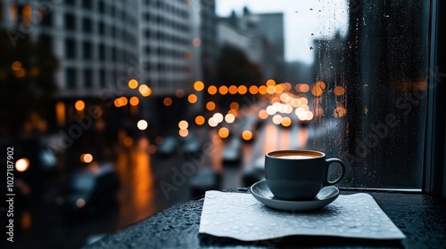 Cup of coffee on a wet windowsill with raindrops, overlooking a blurred cityscape with bokeh lights and cars on a rainy evening. photo