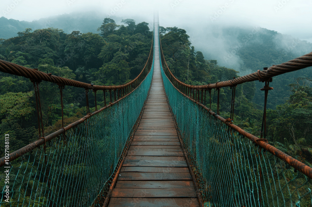 Suspension bridge over lush green forest, misty atmosphere, natural landscape. Suspension bridge over lush green forest, misty atmosphere, natural landscape.