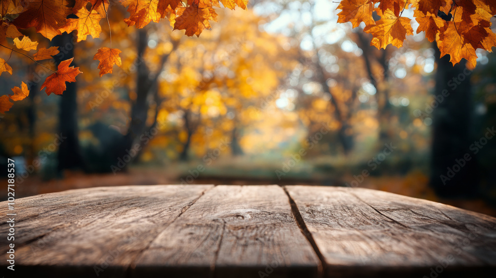 Autumn leaves hanging over a rustic wooden table in a blurred forest background, warm fall colors, peaceful nature scene, seasonal outdoor setting, natural beauty Autumn leaves hanging over a rustic wooden table in a blurred forest background, warm fall colors, peaceful nature scene, seasonal outdoor setting, natural beauty