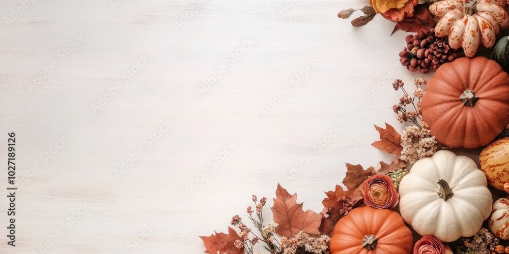 Autumn composition with pumpkins and flowers forming a side border on a white wooden background Autumn composition with pumpkins and flowers forming a side border on a white wooden background