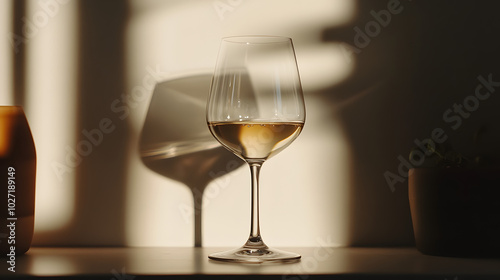 Glass of White Wine with Sunlight Shadows on Wall