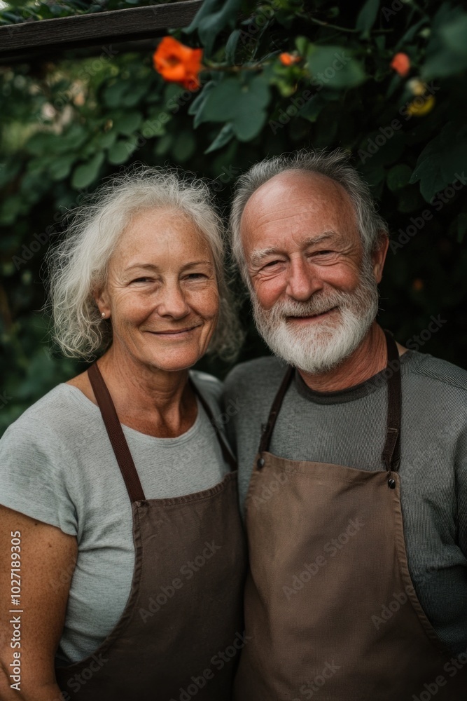 Senior couple wearing aprons smiling in garden Senior couple wearing aprons smiling in garden