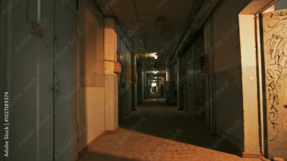 Very long, dark corridor with fluorescent lighting and an abandoned interior.