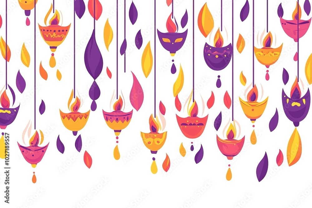 flat illustration of hanging diya lamps for the Diwali festival, on a white background. Indian traditional lamps with burning flame decoration flat illustration of hanging diya lamps for the Diwali festival, on a white background. Indian traditional lamps with burning flame decoration