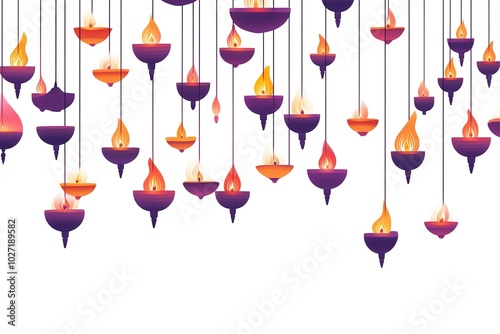 flat illustration of hanging diya lamps for the Diwali festival, on a white background. Indian traditional lamps with burning flame decoration