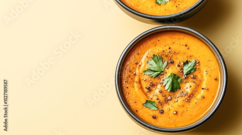 Two bowls of creamy orange soup garnished with fresh parsley and cracked black pepper, placed on a light yellow surface.