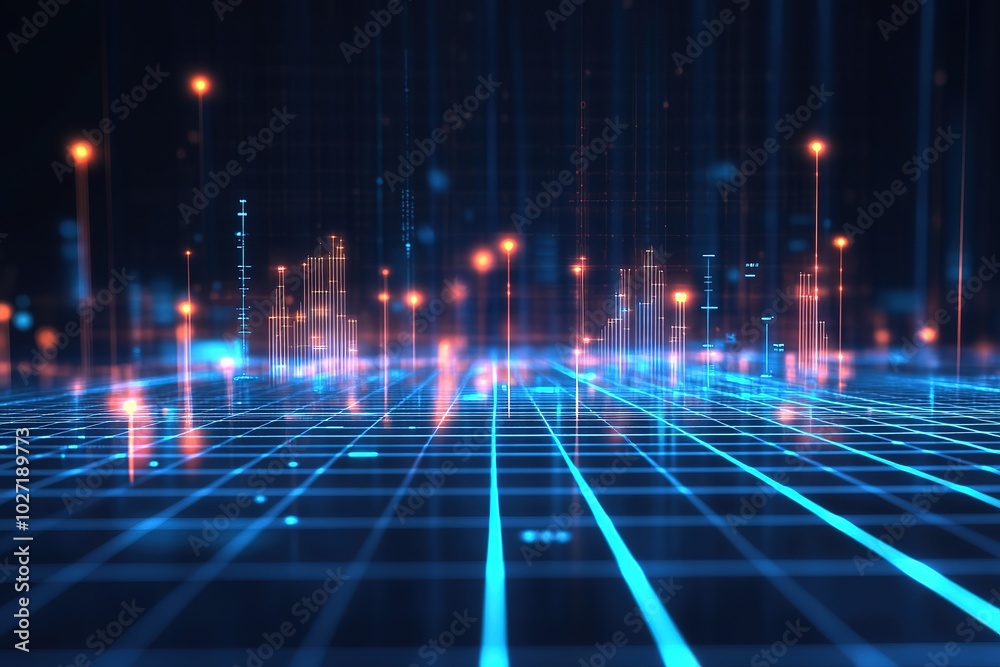 Blue grid background with glowing dots and lines in the shape of an upward-trending graph, representing growth or positive data on a digital platform interface. High quality