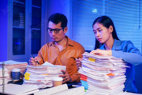 A businessman and woman are working overtime at their desks in  office at night.They are busy, stressed, overloaded with too much work, checking documents and working on laptops while feeling tired